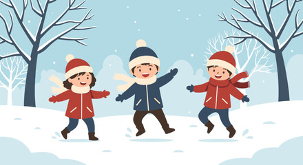 Fototapeta premium Happy boy and girl dressed in red and blue winter outfits are dancing and jumping in the fresh snow on a beautiful winter day.