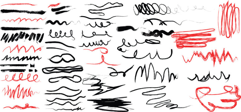 Hand drawn scribbles and lines in black and red