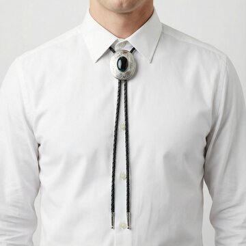Man wearing a white shirt with a classic bolo tie featuring a silver clasp and black braided leather cord, isolated on a light background