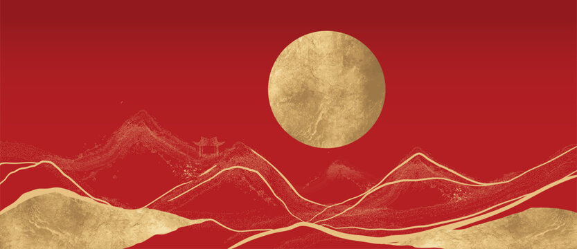 Chinese New Year luxury moon and mountain vector background with red sky and gold line art. Elegant design for banners, posters, invitations and branding.