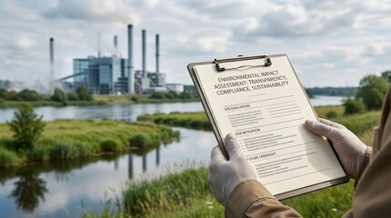 Environmental Impact Assessment clipboard held by inspector in front of industrial factory and river