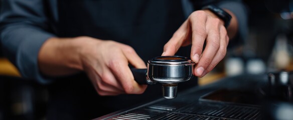 The barista presses espresso grounds like tucking treasure into a portafilter with a tamper