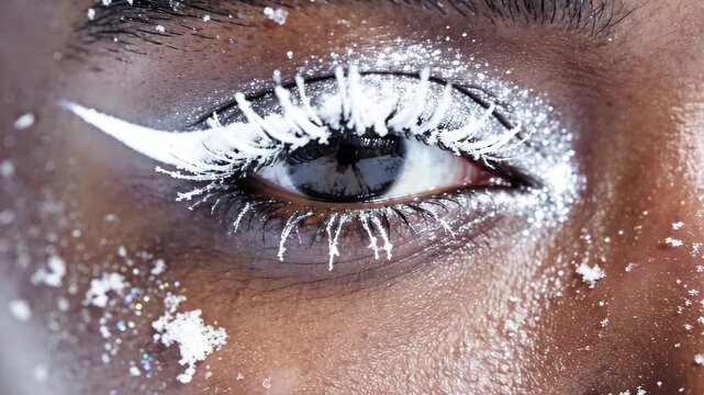 Close-up of a dark-skinned female model with striking white eye makeup, glittery snowflakes on her face, showcasing a winter-themed beauty look with dramatic eyelashes