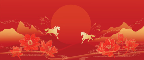 Chinese New Year luxury floral landscape vector background with red lotus, horses and gold glow. Elegant design for banners, greeting cards, posters and packaging.