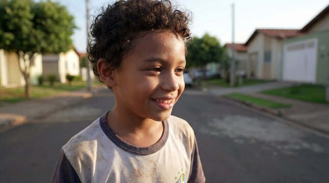 Close-up de menino sorridente com cabelo cacheado, camisa suja de brincadeira, fundo desfocado de rua residencial brasileira com casas vermelhas e &aacute;rvores, luz suave quente de fim de tarde