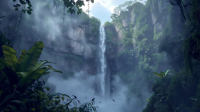 A breathtaking waterfall framed by towering cliffs and dense jungle foliage with birdsong filling the air and adding to the sense of natural wonder