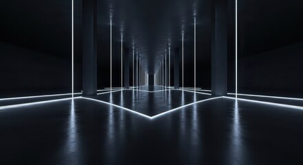 Symmetrical dark architectural space illuminated by stark vertical and horizontal neon light strips creating a sense of depth and motion
