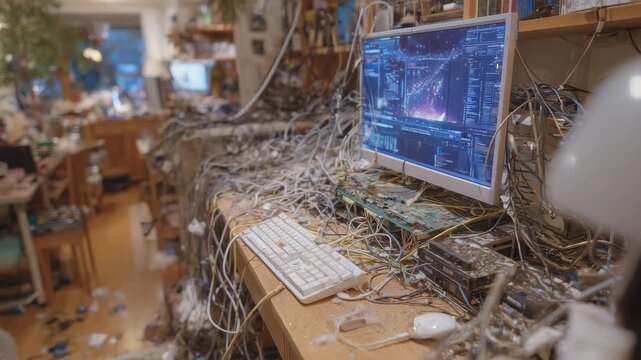 146Close-up of a cluttered computer setup showing cables protruding from the system unit, power cords and peripheral cables crossing each other, slight dust buildup, realistic home wo