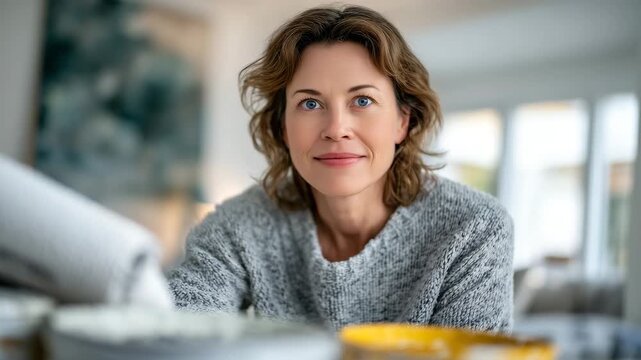 149Close-up of a woman repainting a living room wall, soft neutral paint rolling over an old surface, focused expression, daylight streaming through windows, drop cloths and paint tra