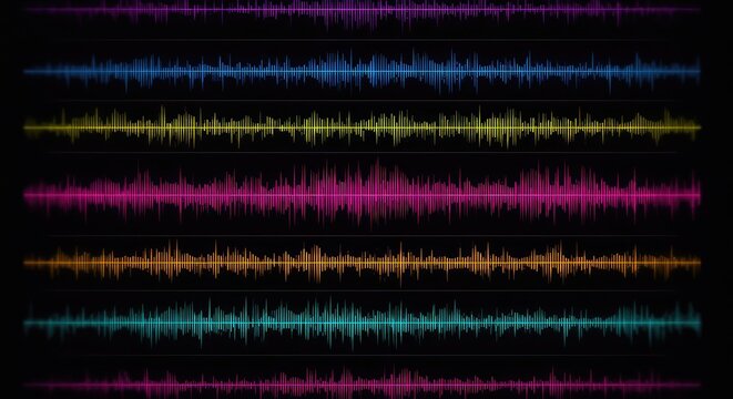 Digital display showing multiple complex audio waveform tracks running horizontally, representing a musical score or sound editing project for a film soundtrack ,spectrum ,digital ,audio