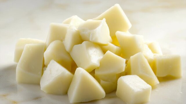 A pile of white cheese cubes on a white marble countertop with a blurred background, perfect for appetizer platters.