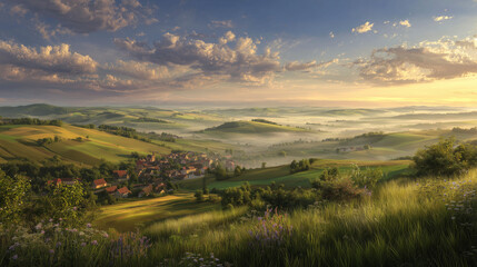 Obraz premium Sunrise Over German Countryside Illustration