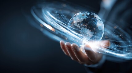 Fototapeta premium A futuristic vision of the world in the palm of a hand, highlighting the concept of global connectivity and the digital age. ..Created with Generative AI, not depicting real subjects.