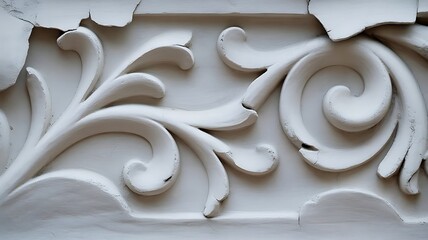 Damaged white ornate decoration with decorative scrollwork and peeling paint on a carved wooden surface, showing signs of wear and deterioration over time.