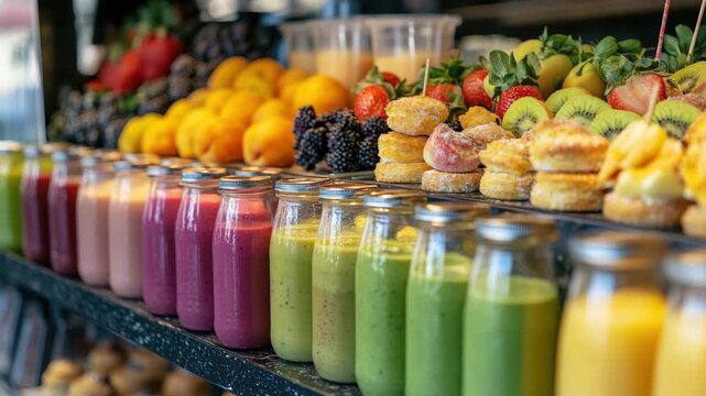 A variety of fresh fruits and healthy beverages
