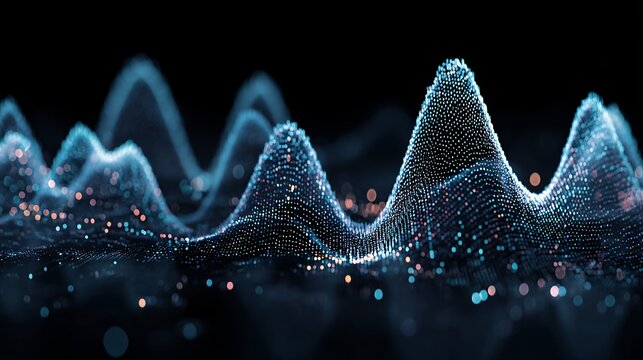abstract background with layered blue curves rising and falling like an energy field, enriched by shimmering dots that imply active data transmission. The futuristic tone supports themes of 