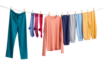 Colorful clothing on line pants shirt socks drying with clothespins, isolated on a transparent background