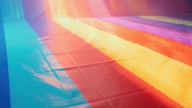 A vibrant, colorful flag banner on a gray background. The flags are hung in rows with alternating stripes of red, yellow, blue, green, and pink. This is perfect for festive events or celebrations.