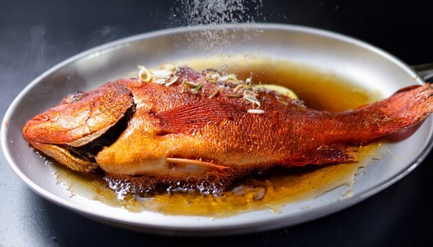 crunchy golden red snapper frying in oil spiced and perfect to enjoy a sensory delight
