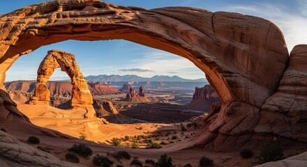 Massive natural stone arch frames a view of distant desert landscape features under bright sky