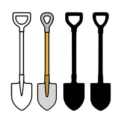 Shovel illustration in outline, silhouette, and color versions
