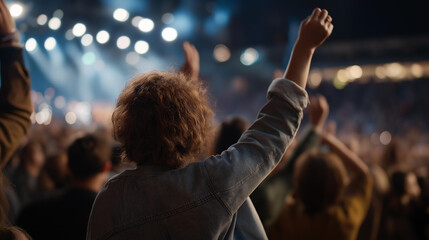 A wide shot shows a roaring crowd at rock concert, reflecting mass participation, sound power, and unforgettable live music moments. cinematic color correction, natural uneven lighting yet gentle
