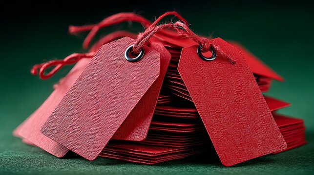 Large pile of blank red price tags with strings stacked and scattered on a flat surface against a rich green background, ideal for retail or promotional use with copy space