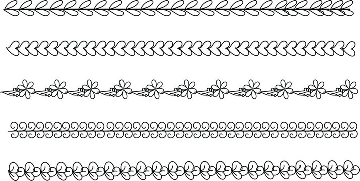 Collection of hand drawn decorative floral and botanical line borders for wedding invitations and greeting card design