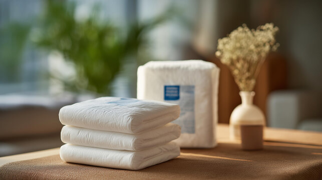 An informative brochure about adult diapers displayed next to a sample product, detailing key benefits like odor control and comfort, creating a clear understanding of why choosing the right adult