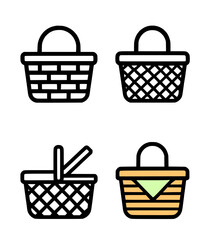 Picnic basket illustration in outline, silhouette, and color versions