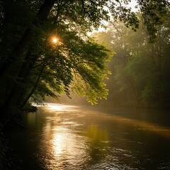 Obraz premium Morning sun rays pierce through forest trees illuminating a flowing river.