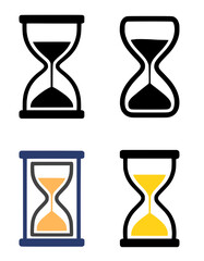 Hourglass illustration in outline, silhouette, and colored versions