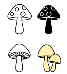 Mushroom illustrations in outline, silhouette, and colored versions