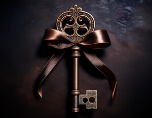 ornate key of secrets an intricately designed antique key embellished with a decorative bow stands as a symbol of access mystery and unlocking hidden potential the aged