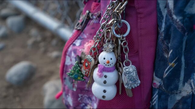 192Close-up of a child&rsquo;s backpack with winter-themed keychains, snowman or mitten charms attached, personal details emphasizing individuality and seasonal transition
