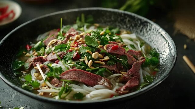 A plate of beef pho soup garnished with fresh cilantro and herbs, ready to be enjoyed. This is a popular Vietnamese dish known for its flavorful broth and tender meat.