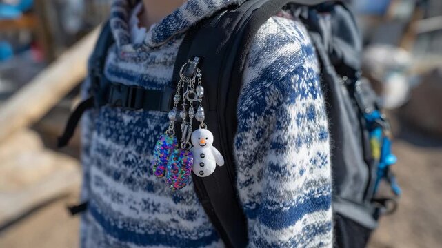 194Close-up of a child&rsquo;s backpack with winter-themed keychains, snowman or mitten charms attached, personal details emphasizing individuality and seasonal transition