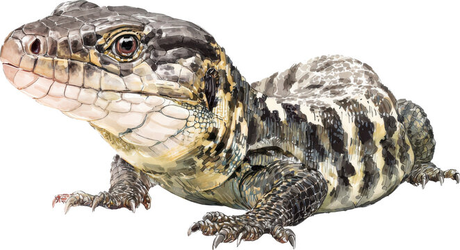 a close up portrait of a blue tongued skink reptile against a dark background