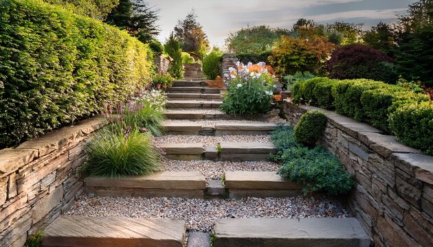 garden features stone steps and a retaining wall