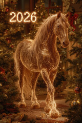 Fiery horse celebrating 2026 new year amidst festive holiday decorations for seasonal design