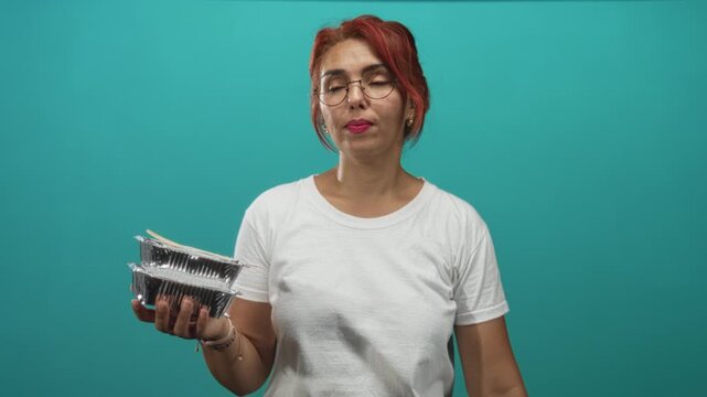 Woman holding stacked foil takeout containers and chopsticks in studio with turquoise backdrop; joyful sharing.