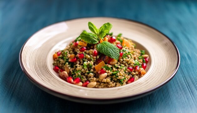 tasty freekeh salad featuring green durum wheat pomegranate nuts mint and carrots a low carb vegan dish