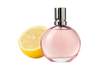 Pink perfume bottle with lemon slice, fresh citrus fragrance concept, isolated on a transparent background