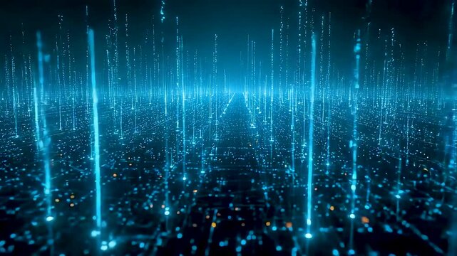 Blue Digital Data Rain with Glowing Light Columns and Particles Across Vast Network Space Creating Immersive Technology Atmosphere