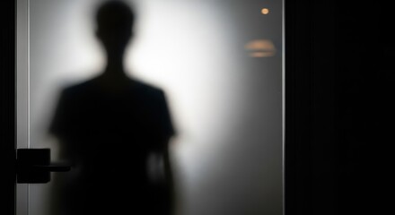 Fototapeta premium Obscured human silhouette visible through frosted glass door in dark interior