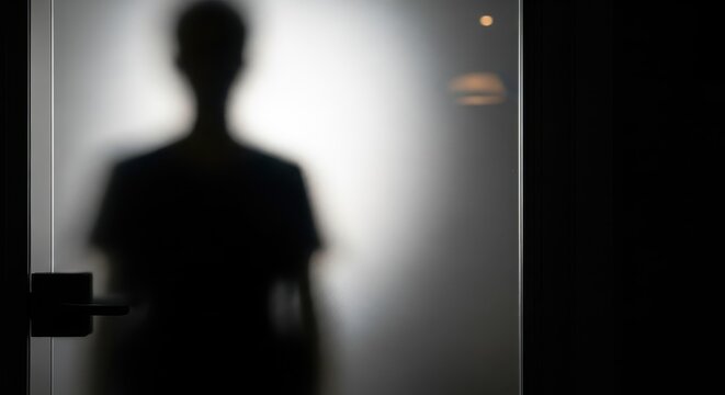 Obscured human silhouette visible through frosted glass door in dark interior
