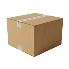 A simple brown cardboard shipping box with white tape sealed shut isolated on transparent background