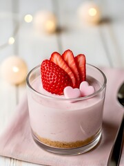 A creamy pink strawberry yogurt parfait topped with sliced strawberries and pink heart toppers in a clear glass