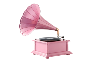 Pink vintage gramophone with flower horn, antique music player decorative item, isolated on a transparent background