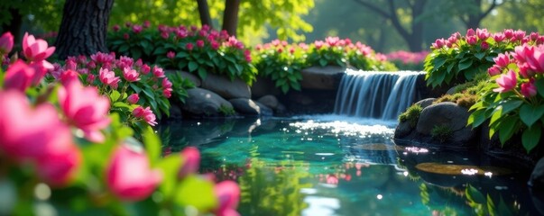 Rainbow hues of blossoms encircle a clear, waterfall-fed pond, leaves, natural, garden